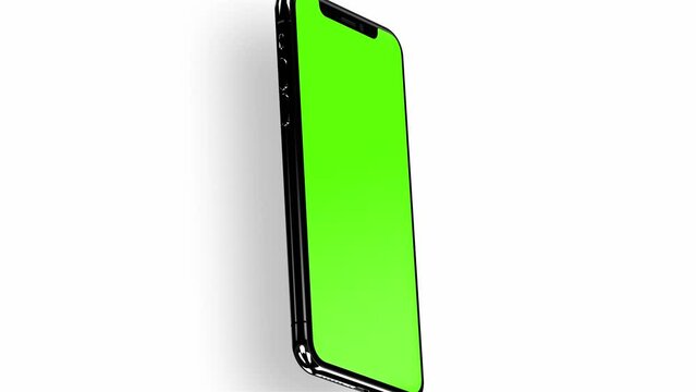 Smartphone with green screen isolated on white background. 4K animation with mobile phone mockup