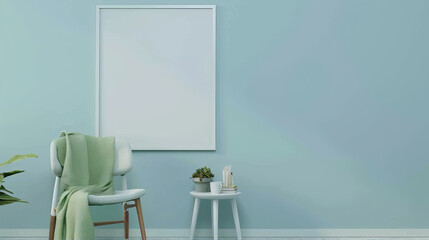Large frame, white poster on a blue wall in a room with an armchair and a small table.
