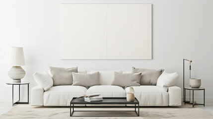 Large frame, white poster on the wall in the room above the sofa
