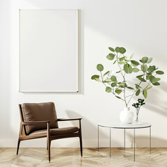 Large frame, white poster on the wall in a room with an armchair and a small table

