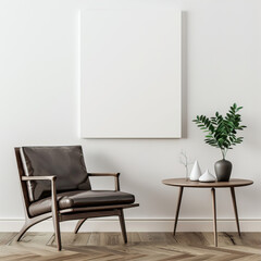 Large frame, white poster on the wall in a room with an armchair and a small table
