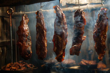 Traditional Smokehouse with Hanging Smoked Meats - obrazy, fototapety, plakaty