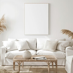 Large frame, white poster on the wall in the room above the sofa
