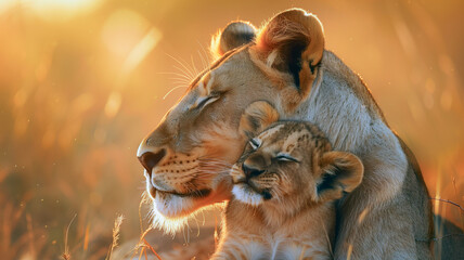 Sunset Serenity: Majestic Lioness and Cub in Intimate Embrace, Award-Winning Wildlife Photography Captures Nature’s Maternal Love