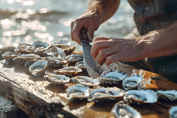 Capturing the Art of Oyster Shucking: A Rustic Coastal Delight - obrazy, fototapety, plakaty