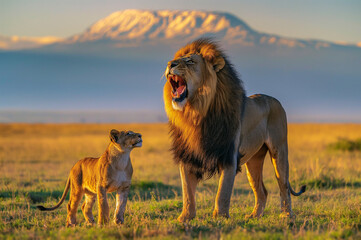 Roar of the Wild: Majestic Lion and Cub Against Kilimanjaro, Spellbinding Wildlife Photography Capturing the Spirit of the Savannah at Dawn
