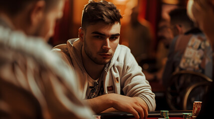 An intimate moment at a casinos high-stakes poker game with a player making a pivotal decision under the gaze of opponents.
