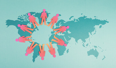 Friendship, humanitarian help, human rights, support and justice, multicultural people holding hands, no discrimination and racism 