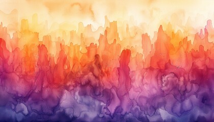 A vibrant watercolor depicting a whimsical festival of towering flames dancing to quantum beats in lemon tonic and deep purple hues - obrazy, fototapety, plakaty