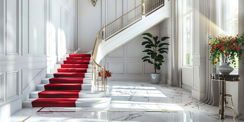 Luxurious Grand Staircase with Red Carpet in Elegant Interior