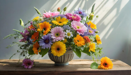 Naklejka premium Bouquet of colorful flowers on wooden table against white wall background.