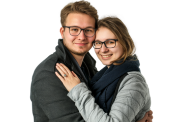 Portrait of happy couple hugging and holding together with smiling isolated on transparent png background, loving moment, romantic scene.