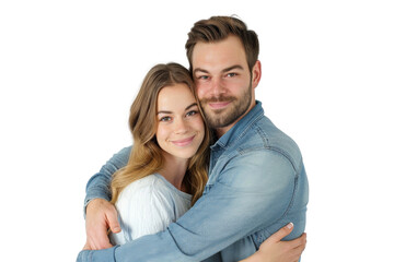 Fototapeta premium Portrait of happy couple hugging and holding together with smiling isolated on transparent png background, loving moment, romantic scene.