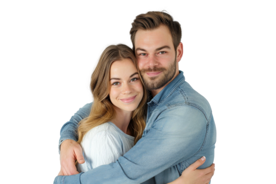 Portrait of happy couple hugging and holding together with smiling isolated on transparent png background, loving moment, romantic scene.