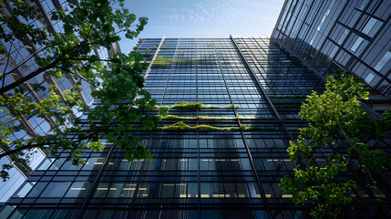 An office tower with a double-skin facade featuring between-glass vegetation to enhance thermal insulation and improve air quality while creating a unique aesthetic. - obrazy, fototapety, plakaty