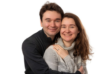 Fototapeta premium Portrait of happy couple hugging and holding together with smiling isolated on transparent png background, loving moment, romantic scene.