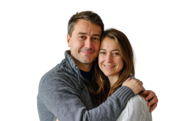 Portrait of happy couple hugging and holding together with smiling isolated on transparent png background, loving moment, romantic scene.
