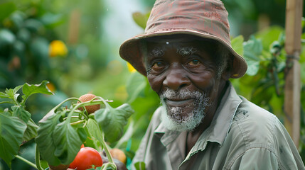 An old gardener tending to a community garden sharing harvests with neighbors.