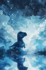 An ethereal sky blue and white abstract waterscape with stars, featuring a T-rex silhouette symbolizing power. Glass-like textures and negative space create a serene
