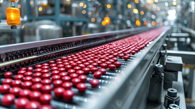 Automated Robotic tablets or capsules Line. Pharmaceutical production plant indoors