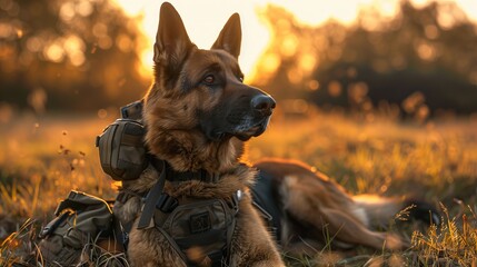 A German Shepherd dog, a Lycaon pictus, lies in a field at sunset - Powered by Adobe