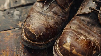 An old pair of shoes carefully patched and polished symbolizing endurance and pride.