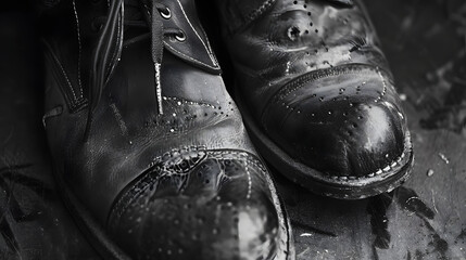 An old pair of shoes carefully patched and polished symbolizing endurance and pride.