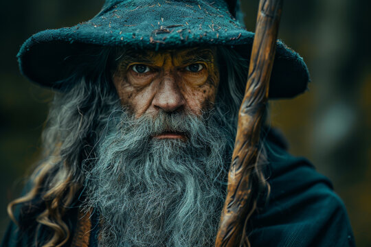 Enigmatic Wizard in Forest with Mystical Staff and Green Cloak