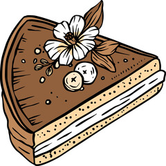 Piece of chocolate cake dessert bakery vintage line art sketch