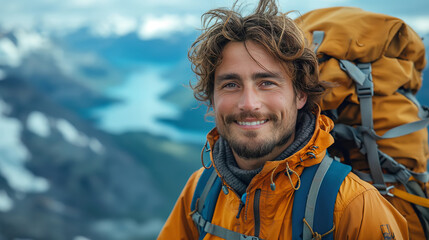 Happy hiker man taking selfie portrait on the top of mountain - 785646127