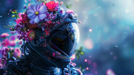 Futuristic alien warrior astronaut in cyber suit and helmet filled with fresh flowers