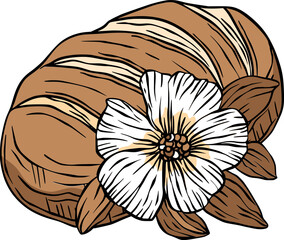 Bread loaf baguette with flowers, baking bakery vector vintage line art sketch - 785646142