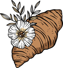 Croissant with flowers baking bakery dessert vintage line art sketch - 785646152