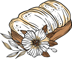 Bread with flowers.  Baking bakery vector vintage art sketch