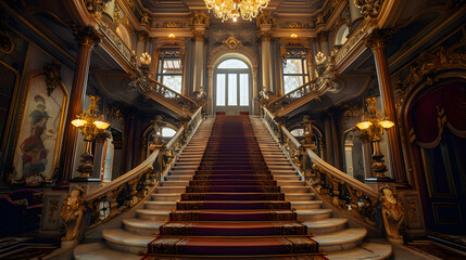 Fototapeta na wymiar An opulent entryway with a grand staircase and ornate details.