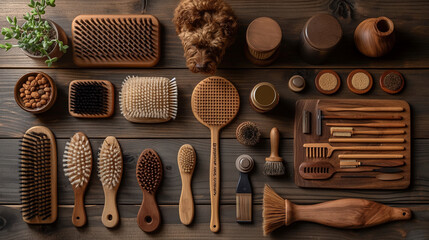 Grooming Essentials: A set of grooming tools lays neatly arranged on a wooden table, including brushes, combs, and nail clippers. Each tool is designed to keep pets looking their b - obrazy, fototapety, plakaty