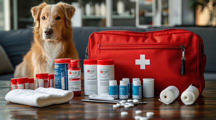 Pet First Aid Kit: A colorful first aid kit is stocked with essential supplies for treating minor injuries and emergencies in pets. Bandages, antiseptic wipes, and tweezers are nea