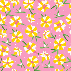 Summer seamless pattern with calibrachoa petunia yellow and white flowers on pink background. Spring vector illustration for print, fabric, tablecloth, wrapping paper, wallpaper, textile, cover