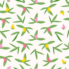 Summer Seamless floral vector pattern with leaves and buds. Calibrachoa Flower on white background for kitchen textiles, wrapping paper, banners, wallpapers, cover, card, fabric