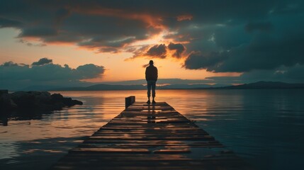 Obraz premium A silhouette of an unrecognizable person standing on a wooden quay overlooking a calm sea.