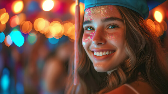 American young woman wearing graduation cap dancing at party. Festive bokeh background