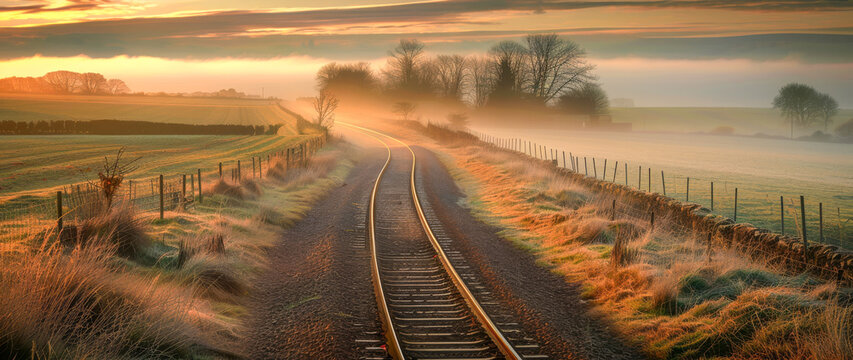 Fototapeta Curving train track running through a rural scene with soft morning light.