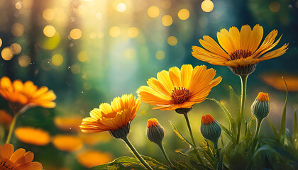 Yellow calendula flowers with bokeh lights on background. - obrazy, fototapety, plakaty