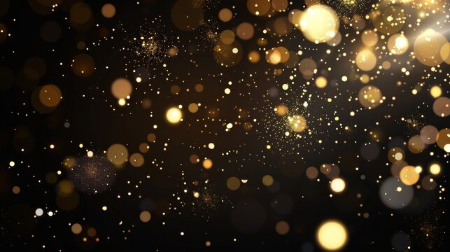 Gold Confetti Shower on Black. VIP Gold, Silver Glitter Winter Confetti. Golden Circles, Falling Bokeh. Premium Celebration Frame. Golden Circles, Bokeh. High quality photo