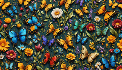 Vibrantly colorful, lush floral and intricate illustrated artwork of graceful, realistic jewel-toned butterflies in a kaleidoscopic, dreamily floral setting. - obrazy, fototapety, plakaty