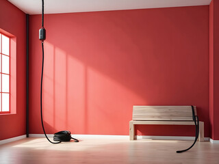 Empty room wall red background design with a jump rope. minimalist gym room with copy space design.