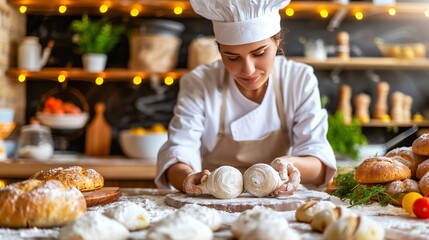 A chef in a hat prepares dough on a table, showcasing her culinary skills
