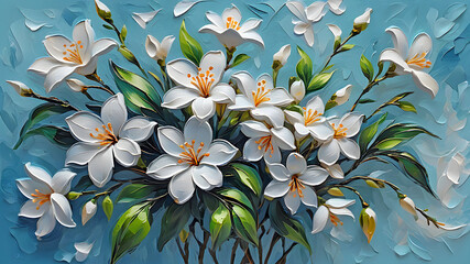blooming jasmine branches on blue painted with oil paints	