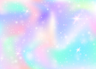 Hologram background with rainbow mesh. Trendy universe banner in princess colors. Fantasy gradient backdrop. Hologram unicorn background with fairy sparkles, stars and blurs.