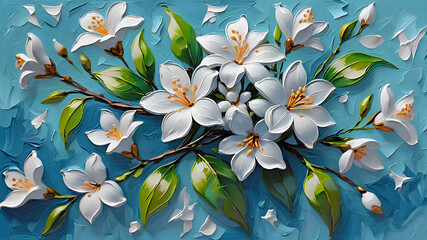blooming jasmine branches on blue painted with oil paints	 - 785647588
